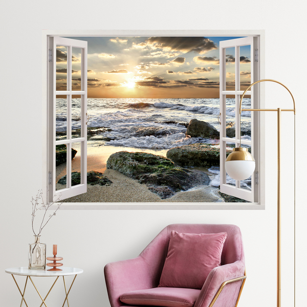 Quadro con effetto 3D, finestra aperta su spiaggia al tramonto